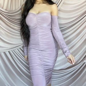 Lilac ruched off the shoulder dress